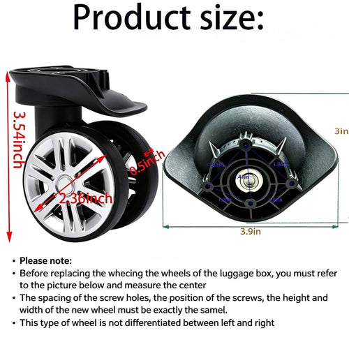 Black luggage wheel pair with silver spokes shown with size and mounting-hole spacing