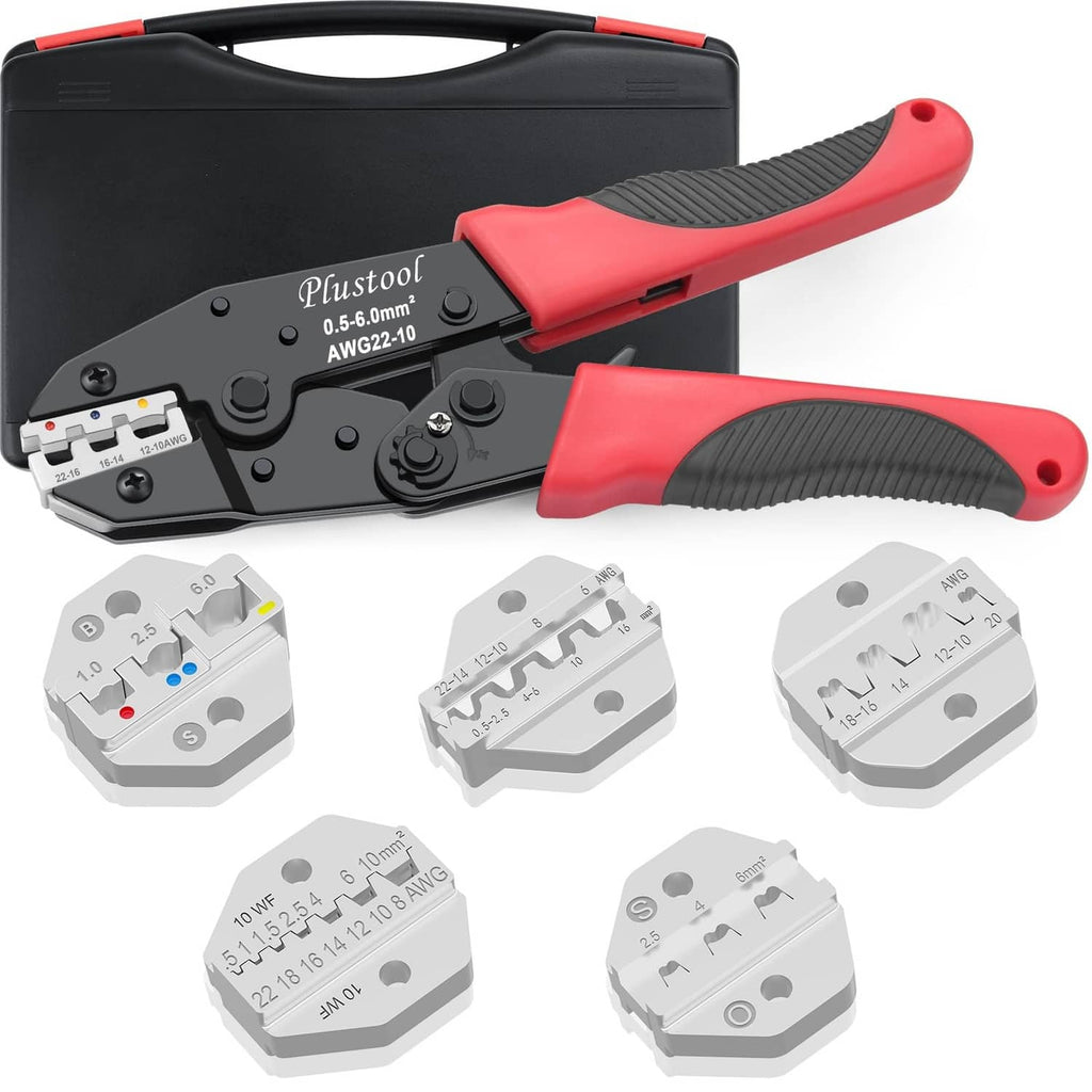 Ratcheting wire crimper set with red handle, black case, and metal die inserts