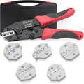 Ratcheting wire crimper set with red handle, black case, and metal die inserts