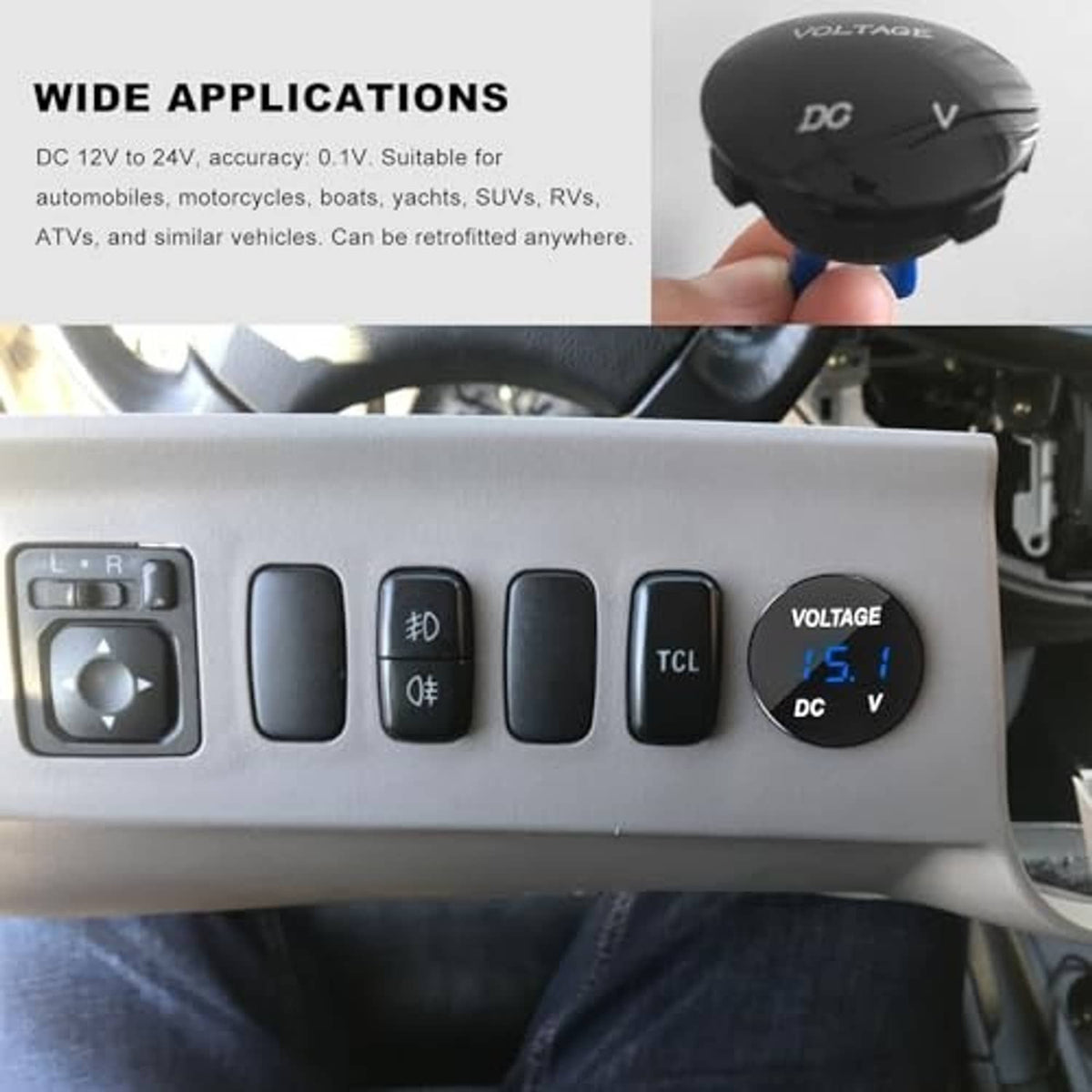 DC voltmeter gauge with blue LED voltage reading on dashboard panel