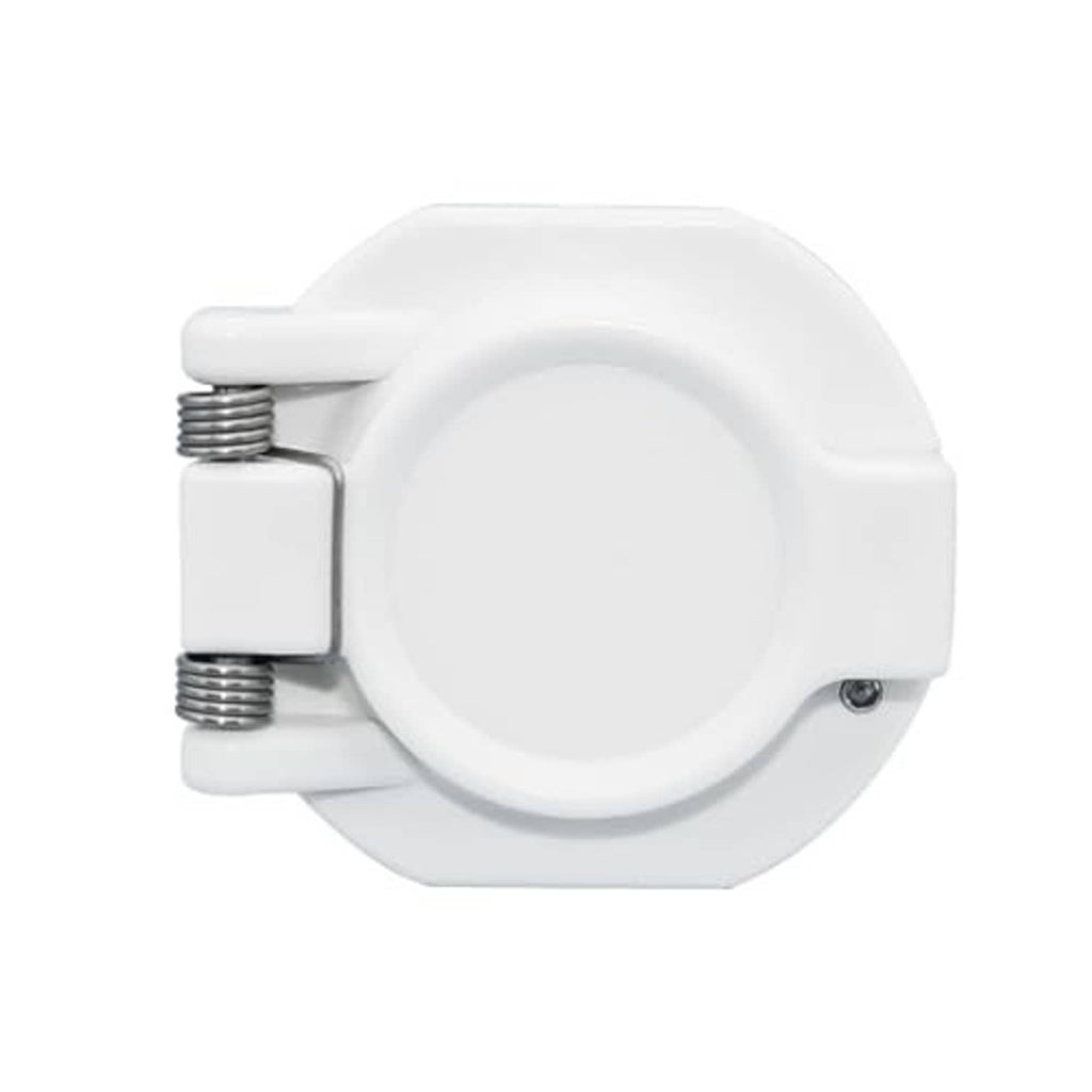 White vacuum lock housing with round cover, spring coil, and threaded inlet screws