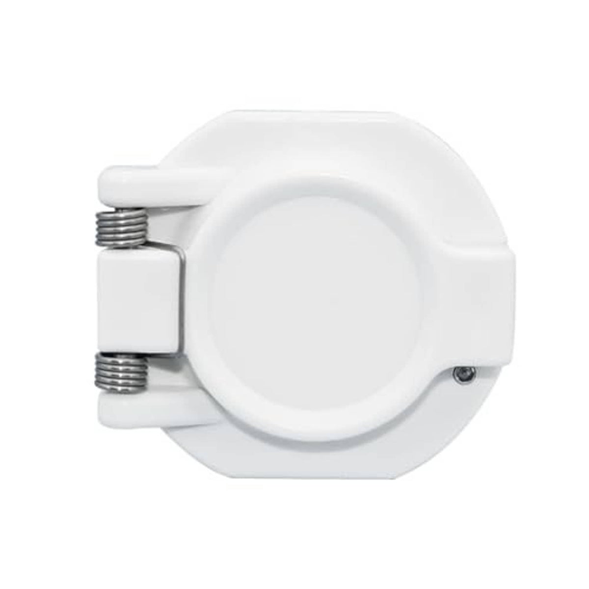 White vacuum lock housing with round cover, spring coil, and threaded inlet screws