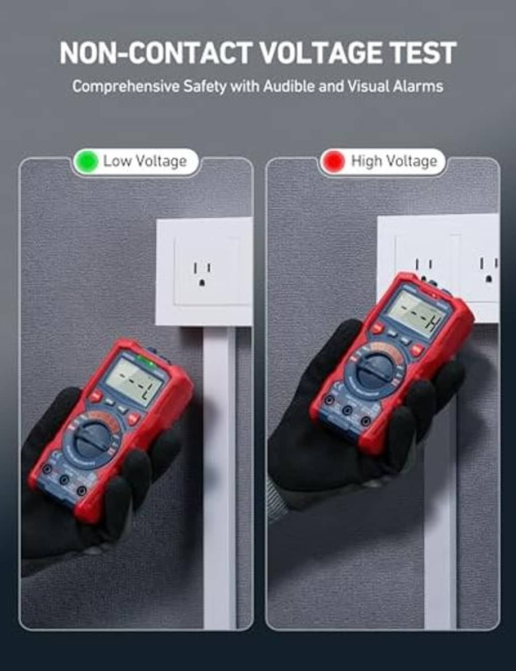 Red digital TRMS multimeter for non-contact voltage testing in hand