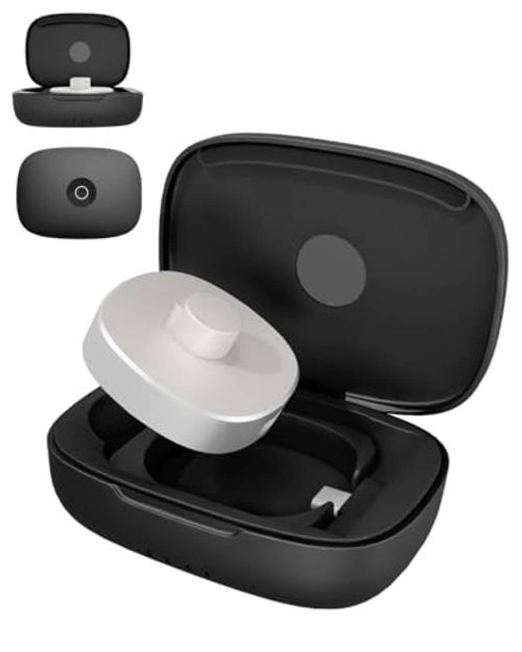 Black charging case open, earbuds docked, showing charging contacts inside