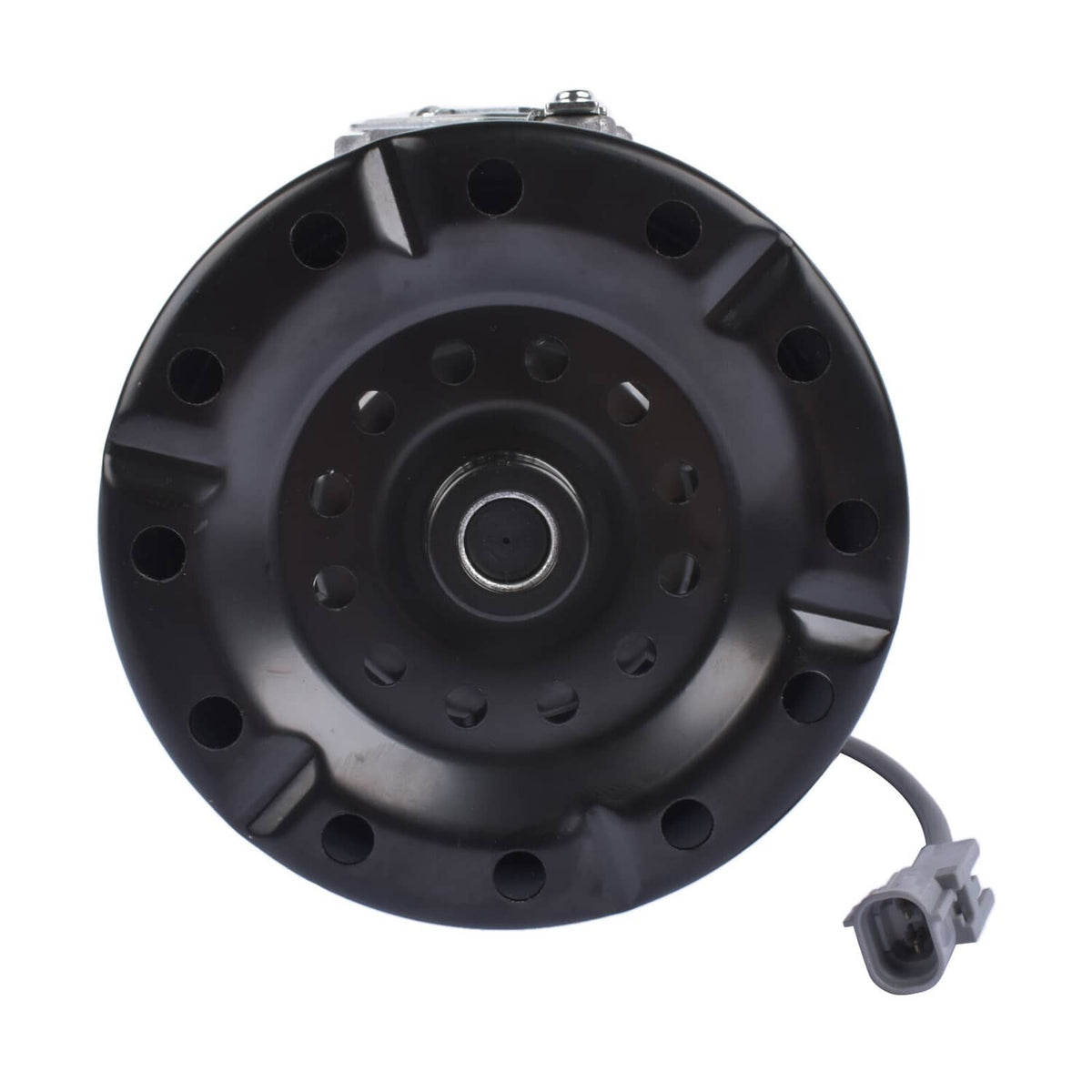 A/C compressor clutch pulley wheel with black fan-style cover and mounting holes