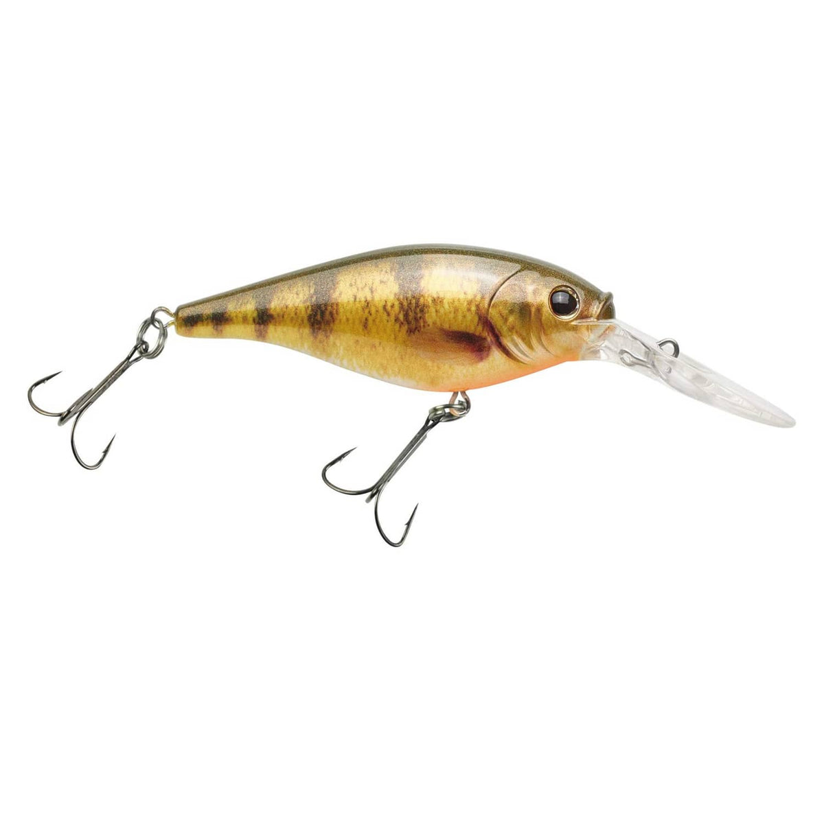 Crankbait fishing lure, gold and brown back with clear belly and two treble hooks