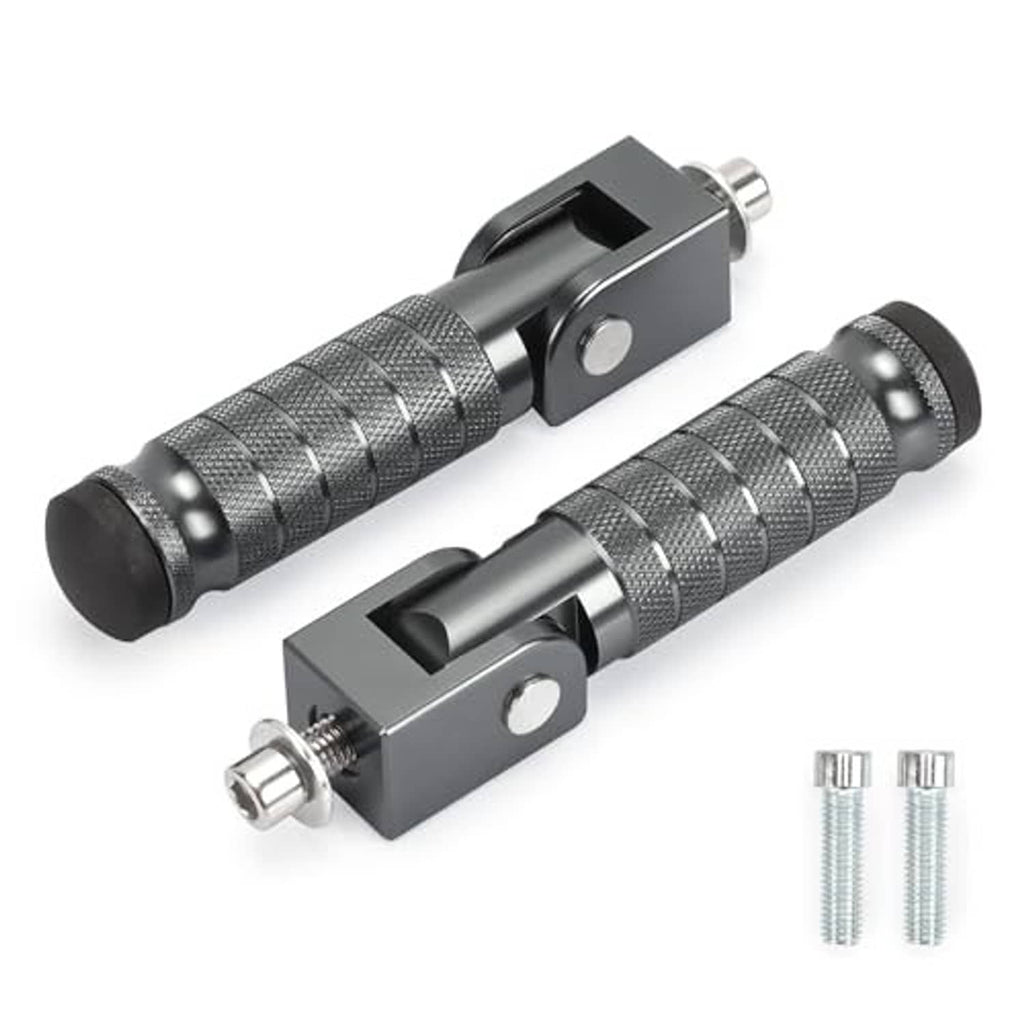 Pair of 90-degree foldable motorcycle foot pegs with knurled grips and included mounting screws.