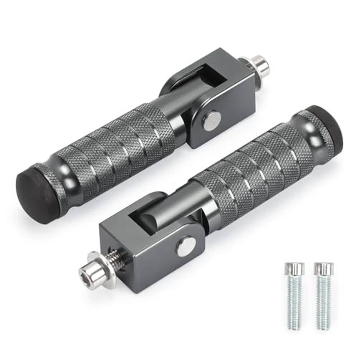 Pair of 90-degree foldable motorcycle foot pegs with knurled grips and included mounting screws.