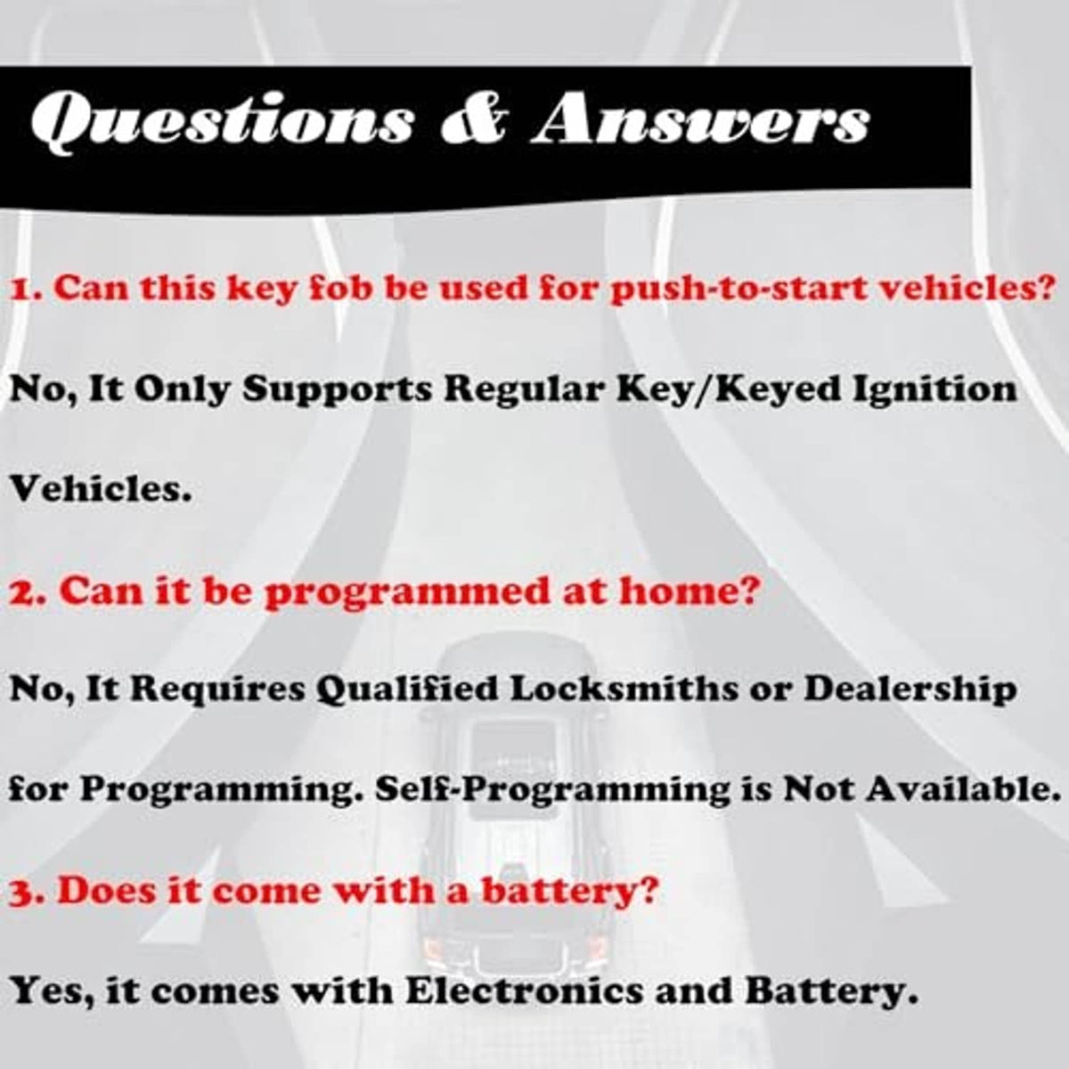 Key fob Q&A info panel with programming and battery notes