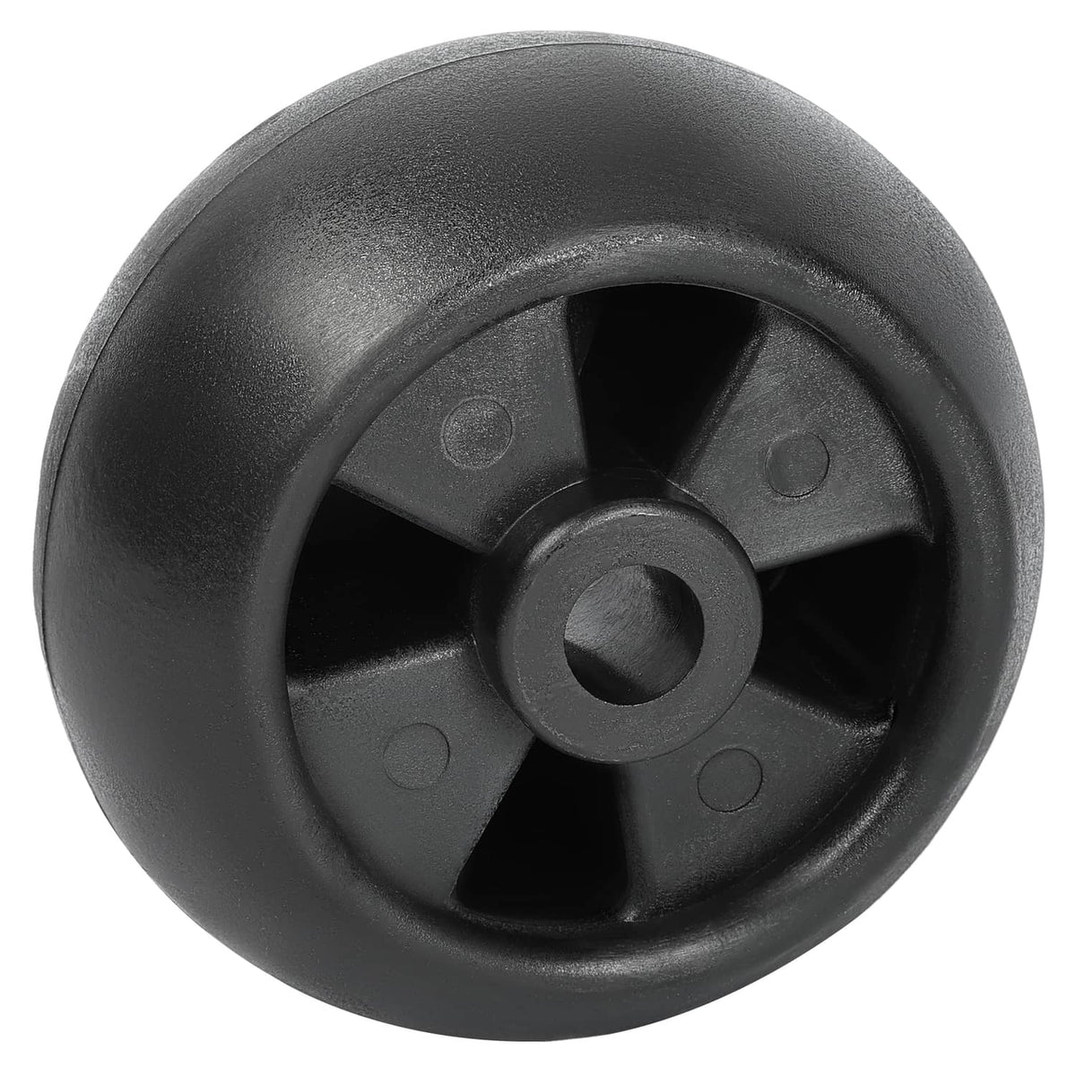 Black mower deck wheel with 5-spoke hub and center mounting hole