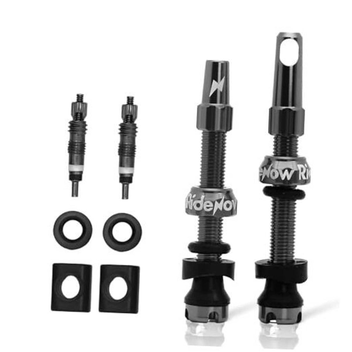Tubeless Presta valve stem kit with two gray stems, rubber gaskets, and mounting bases
