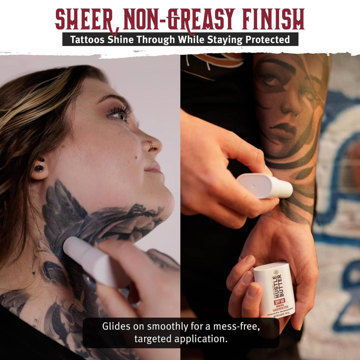 Hustle Butter SPF 50 mineral sunscreen stick gliding over a tattooed area