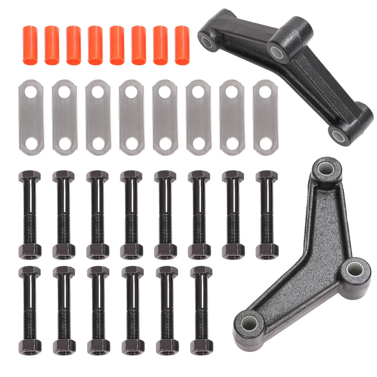 Trailer shackle kit hardware with shackle arms, threaded bolts, nuts, and bushings