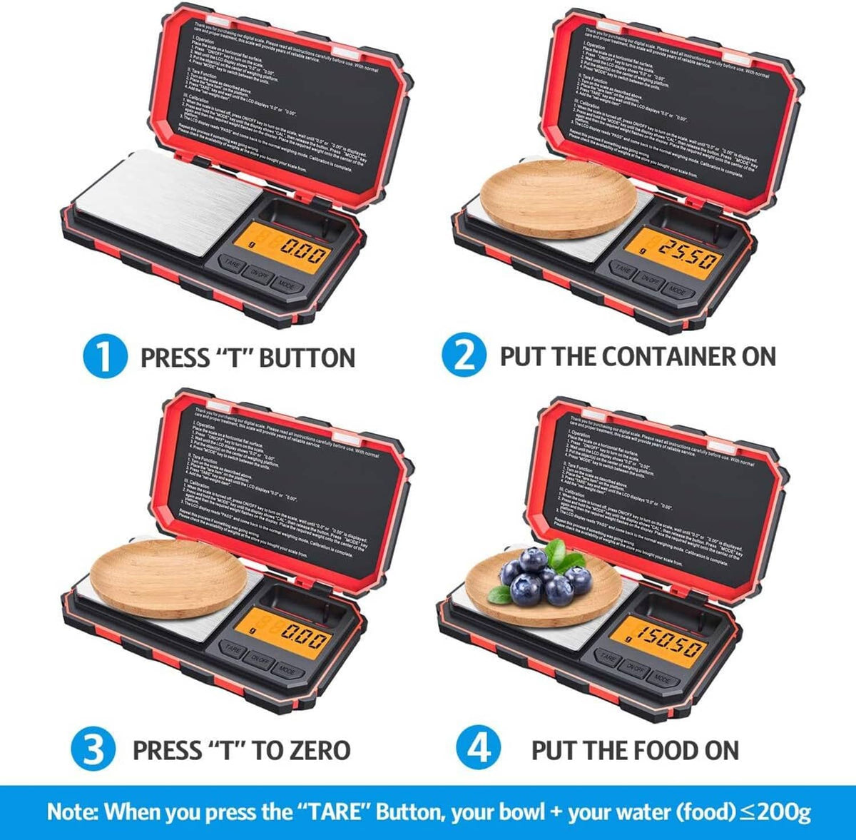 Compact digital kitchen scale showing backlit LCD readings for placing container