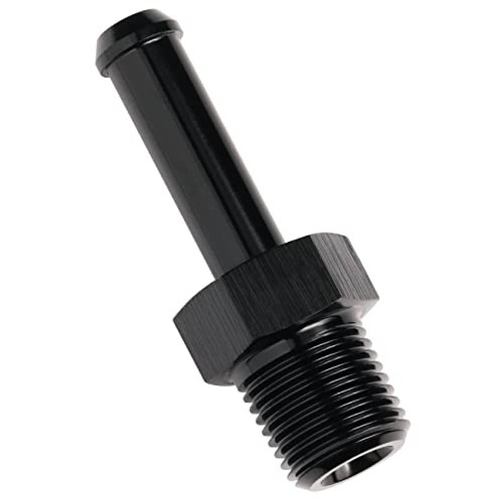 Black straight 1/8 NPT to 1/4 hose barb fitting with hex section and barbed hose end