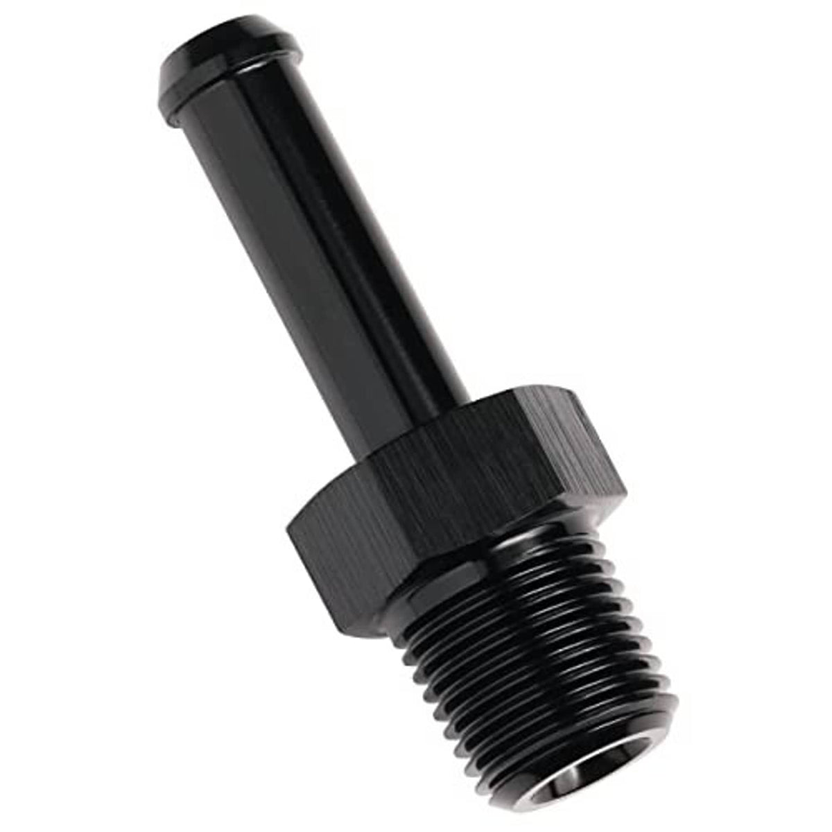 Black straight 1/8 NPT to 1/4 hose barb fitting with hex section and barbed hose end