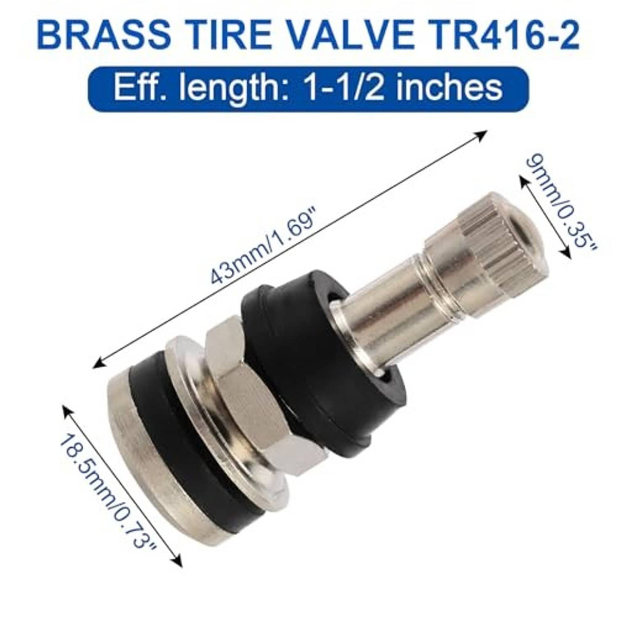 Brass tire valve stem with black rubber grommet and threaded metal body