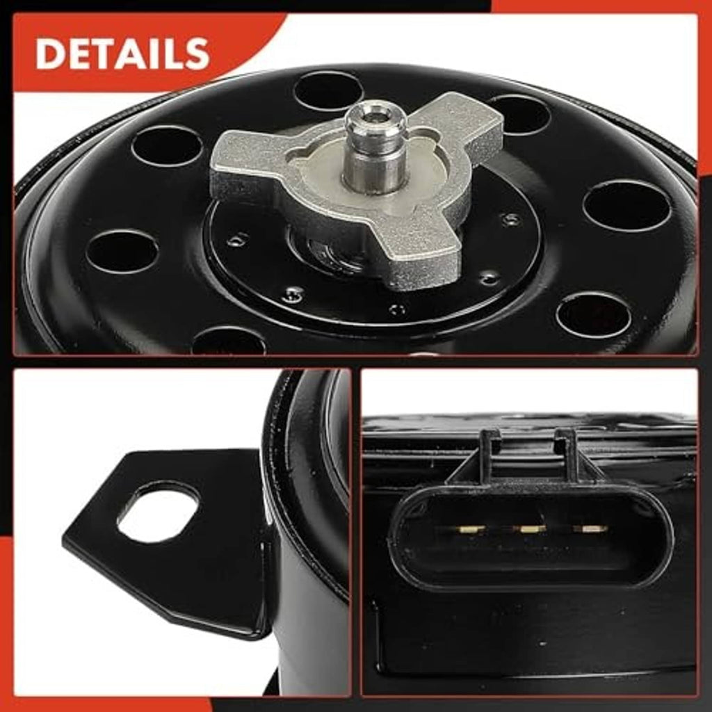 Close-up of black radiator fan motor with metal shaft and electrical connector