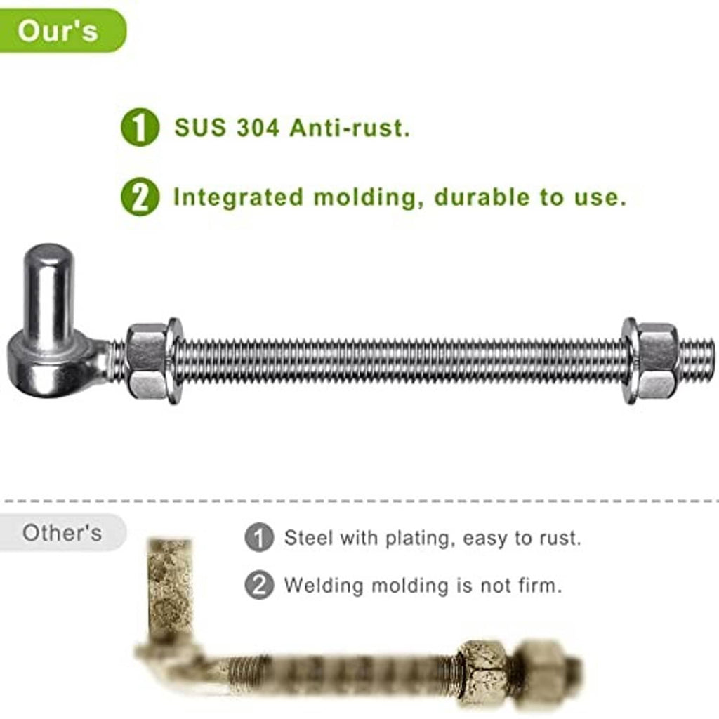 Stainless steel gate hinge with J-bolt and threaded hardware, labeled SUS 304