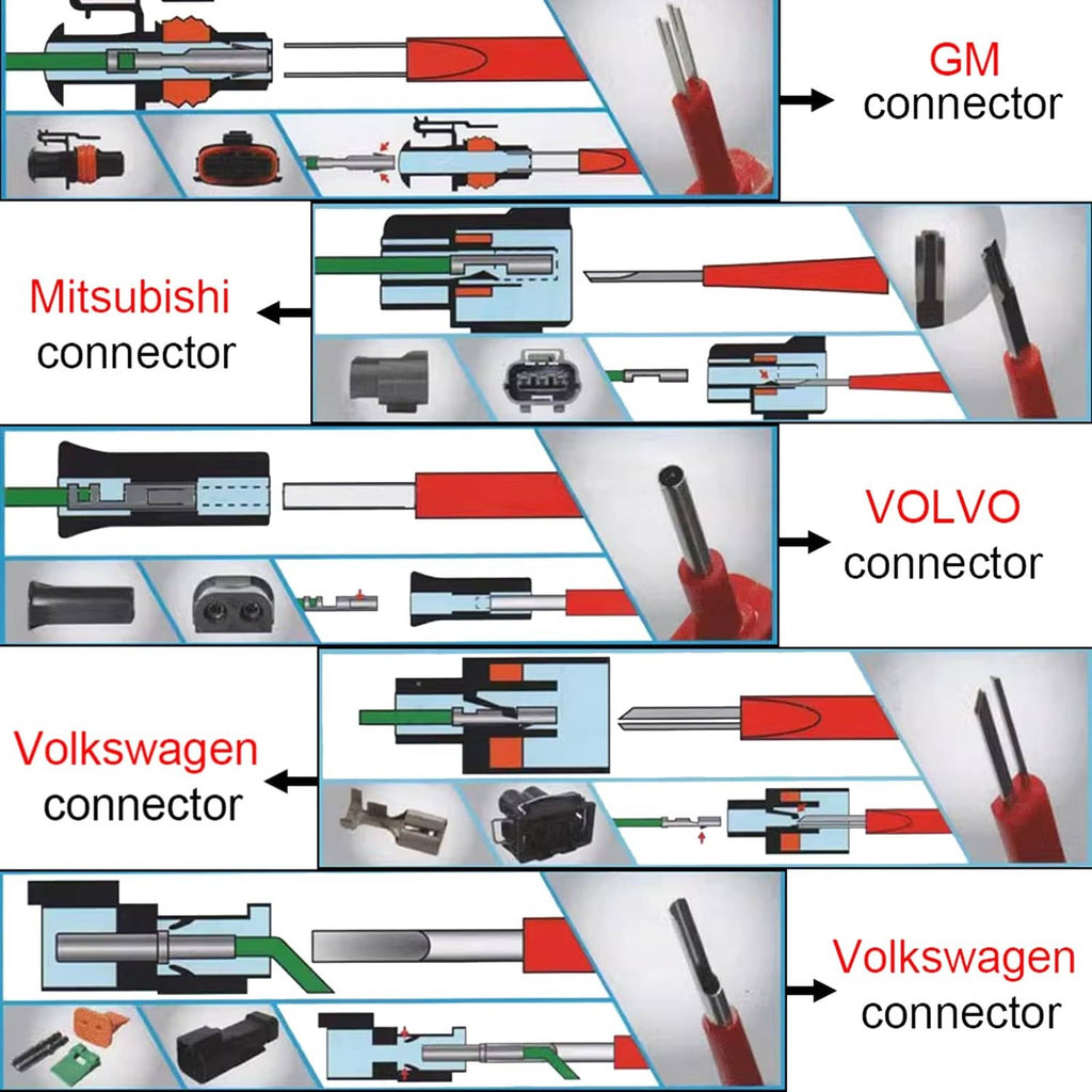 Terminal removal tools shown with different connector styles and extraction tips