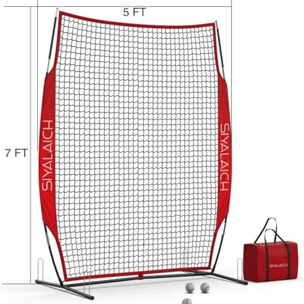 Baseball pitching screen with white net, red frame, 5 ft by 7 ft