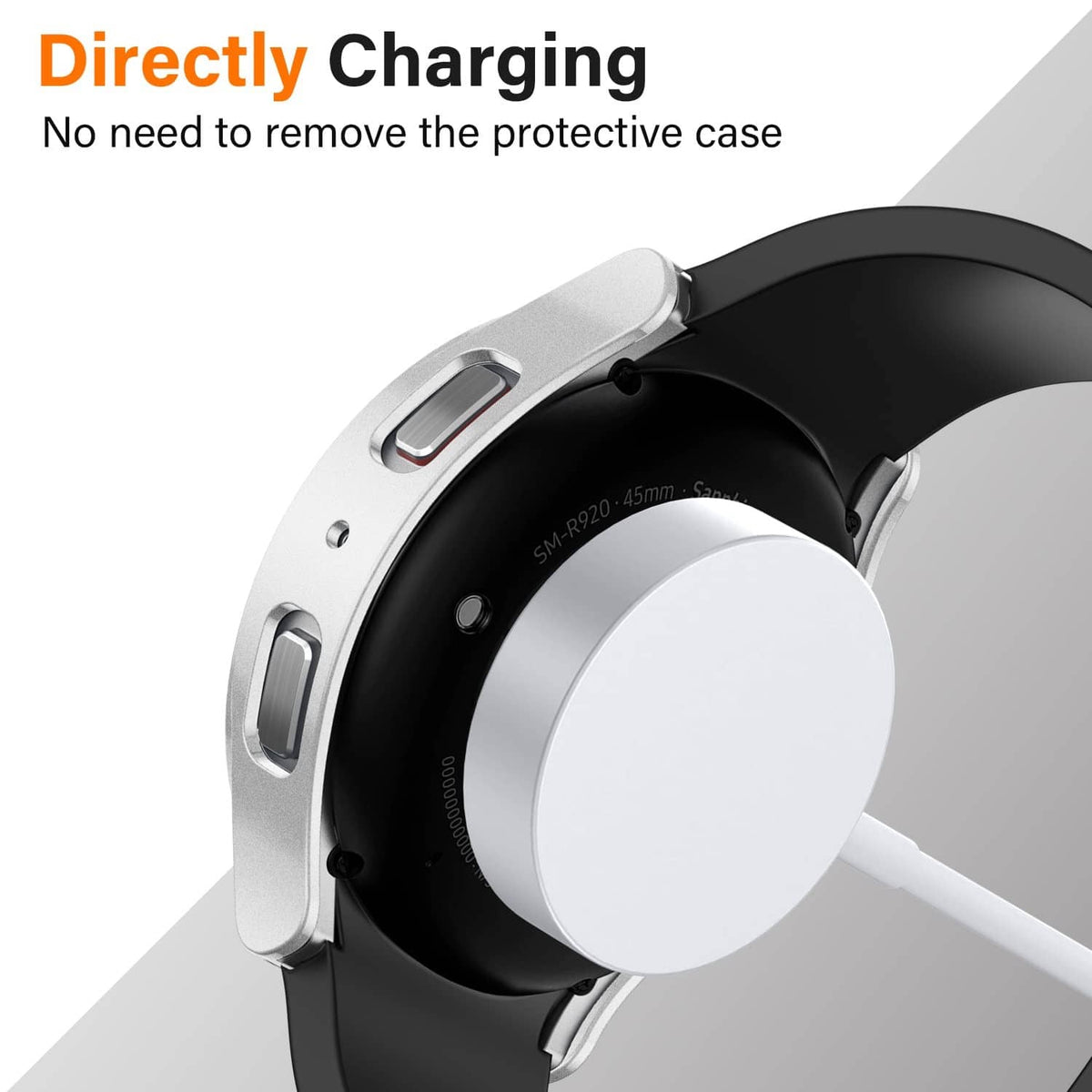 Silver watch case with direct charging port access