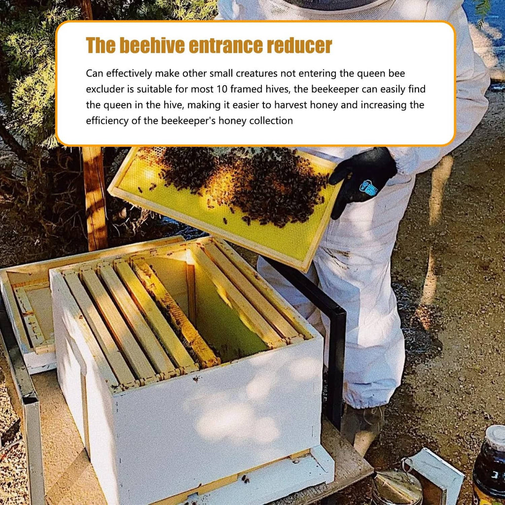 Beehive entrance reducer board with slatted wooden pieces and narrow entry opening