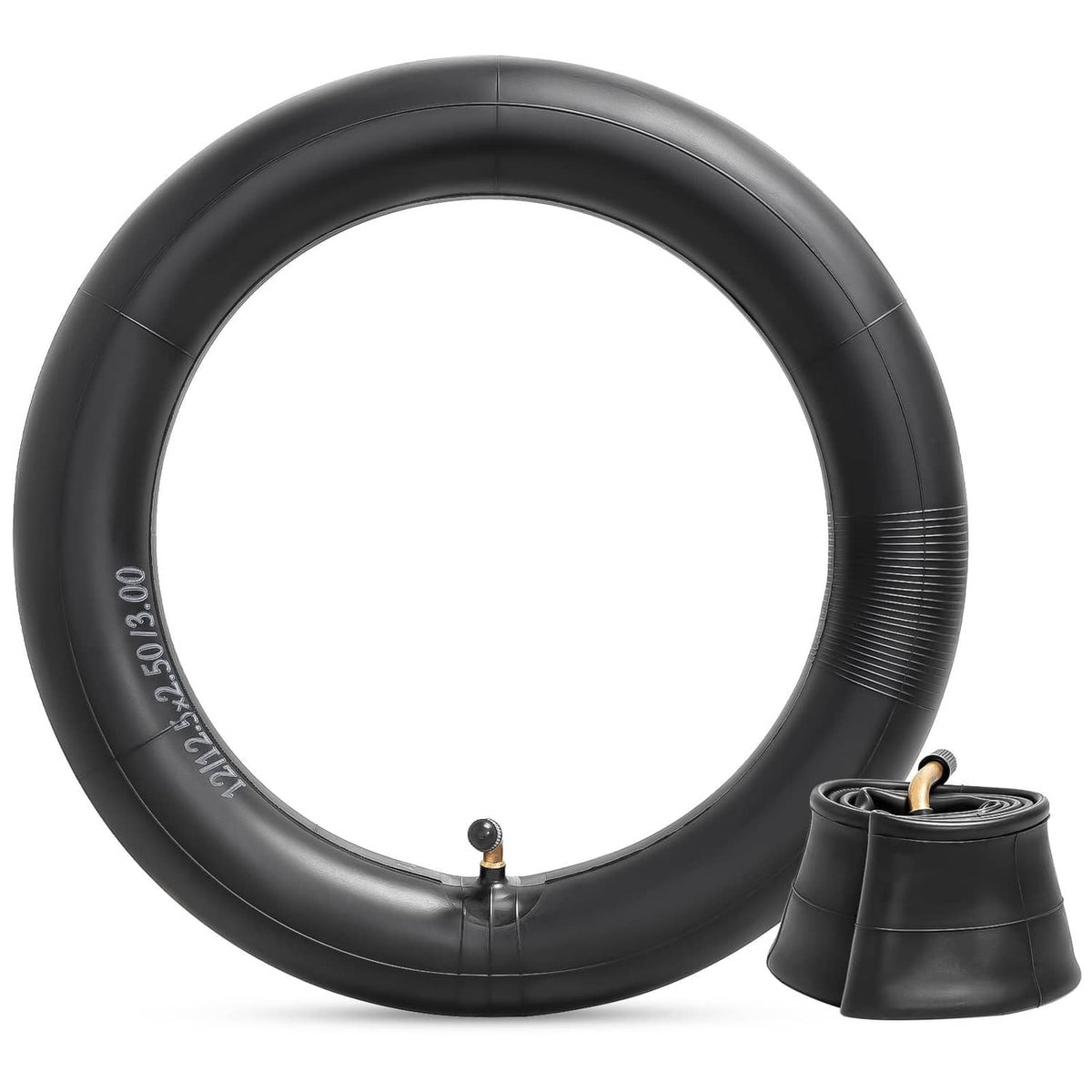 Black scooter inner tube with detached spare tube section and valve stem