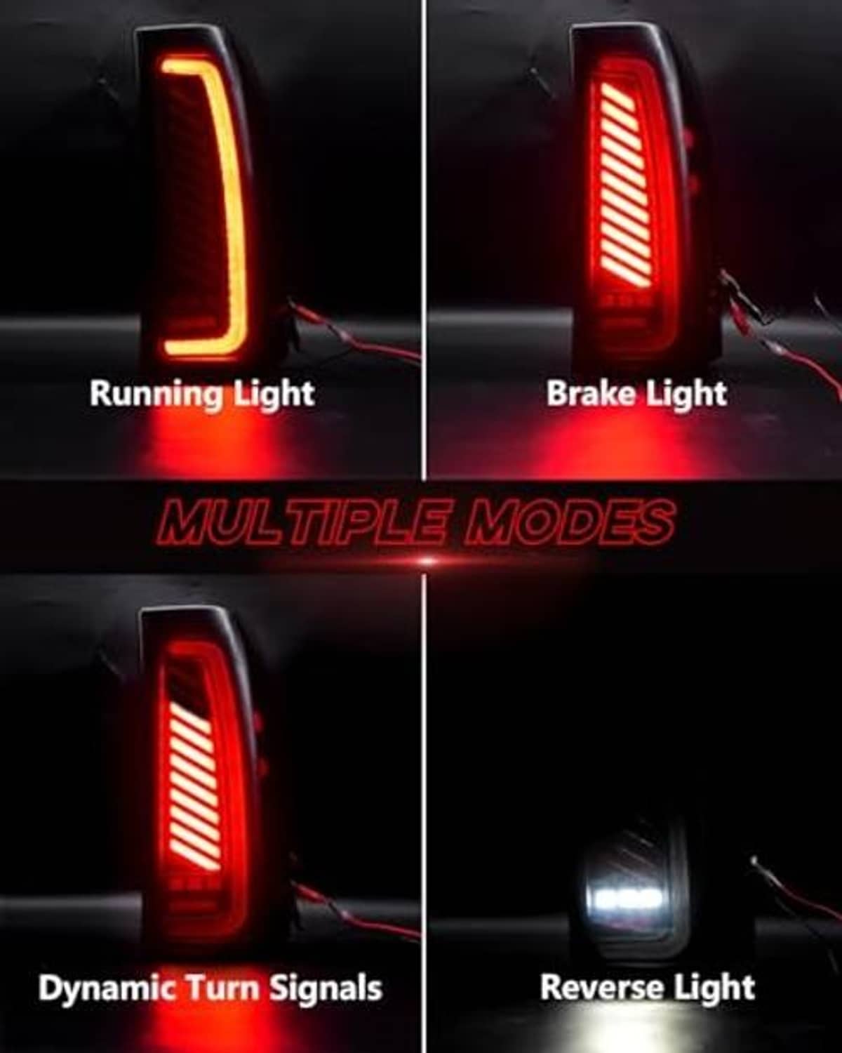 Tail light with illuminated red vertical LED bars in a black smoked housing