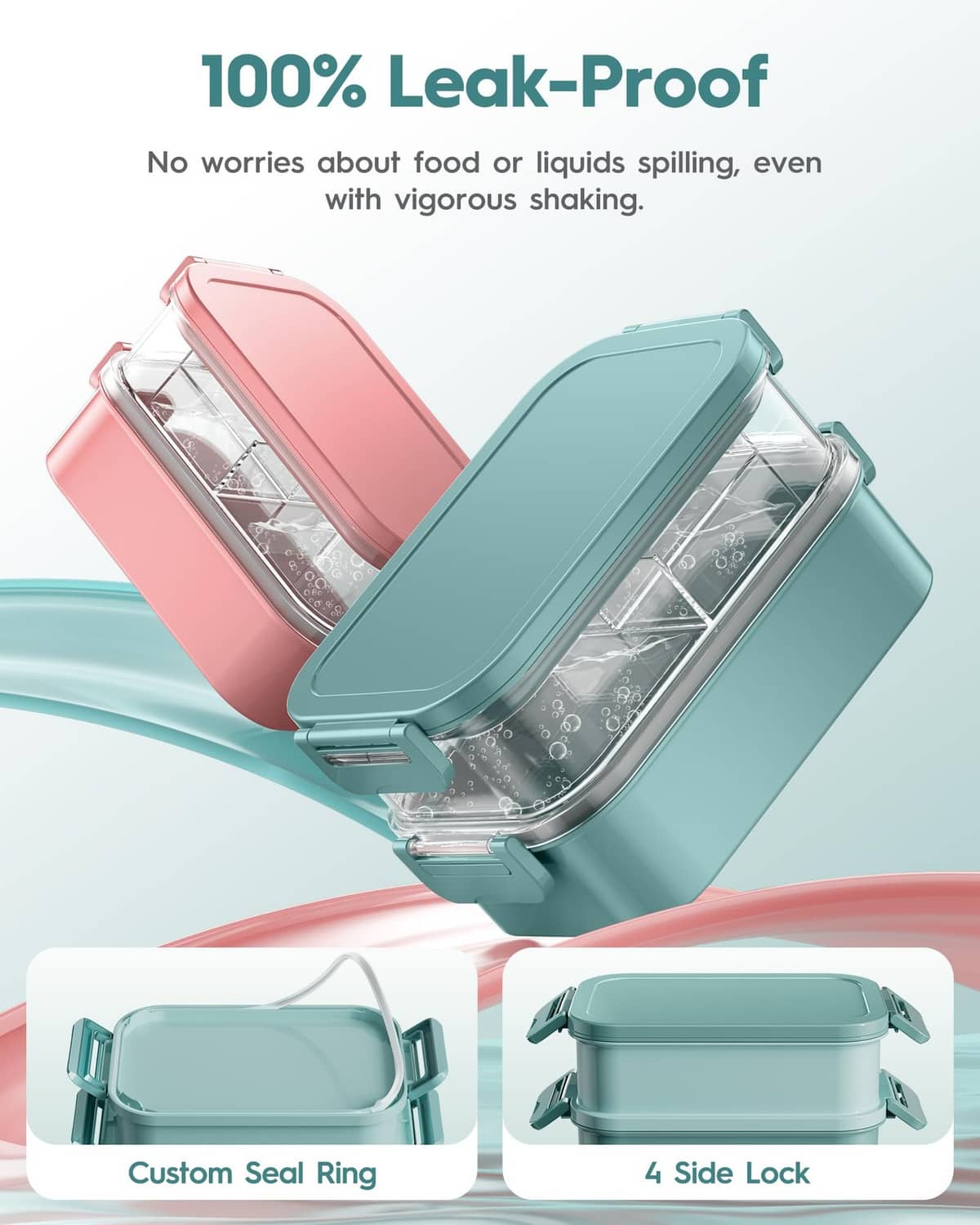 Mint green leak-proof bento containers with seal ring and side locks