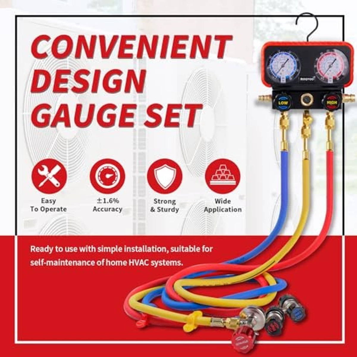 Convenient gauge set with dual pressure dials and multicolor hoses
