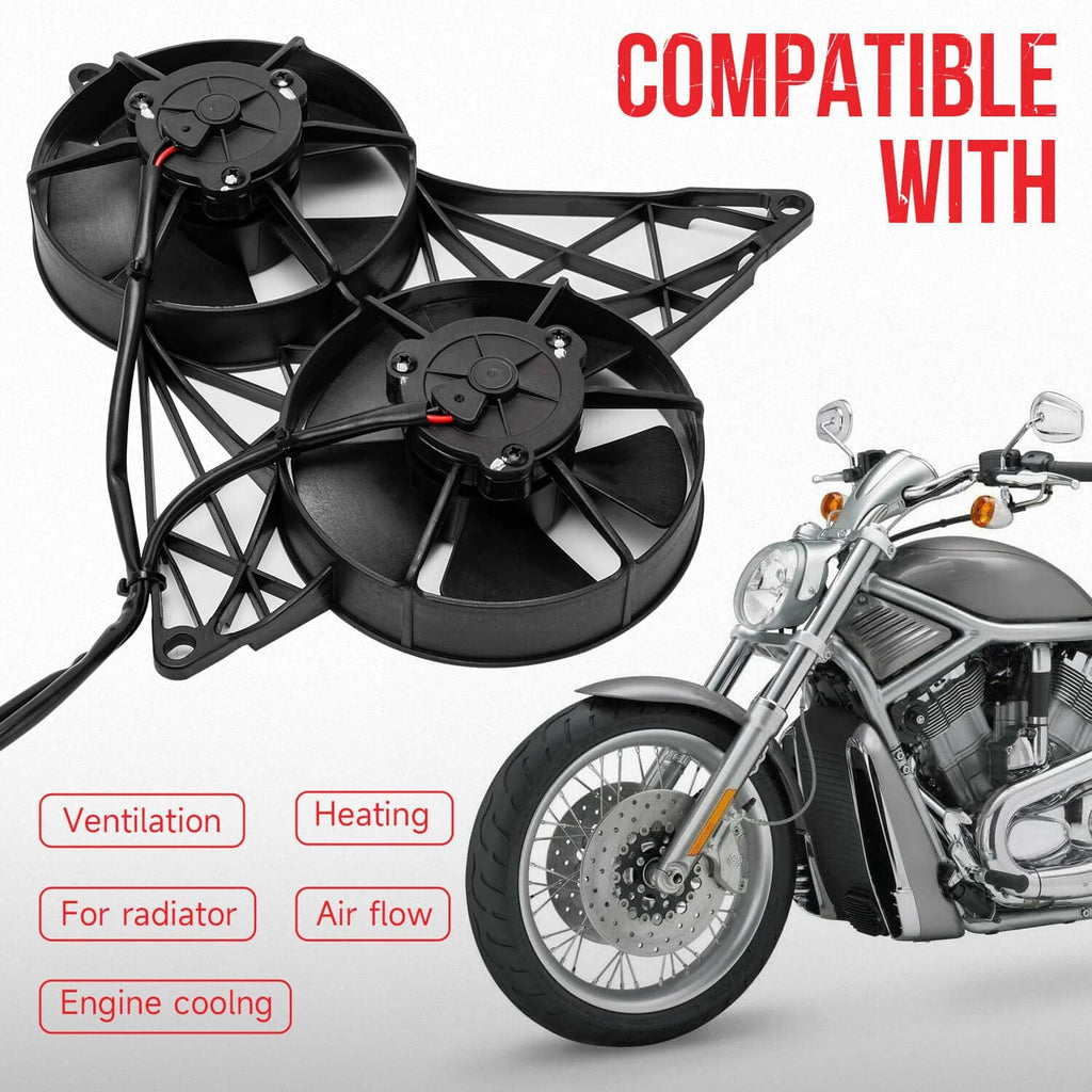 Black dual cooling fans with bracket and connectors, paired with motorcycle illustration