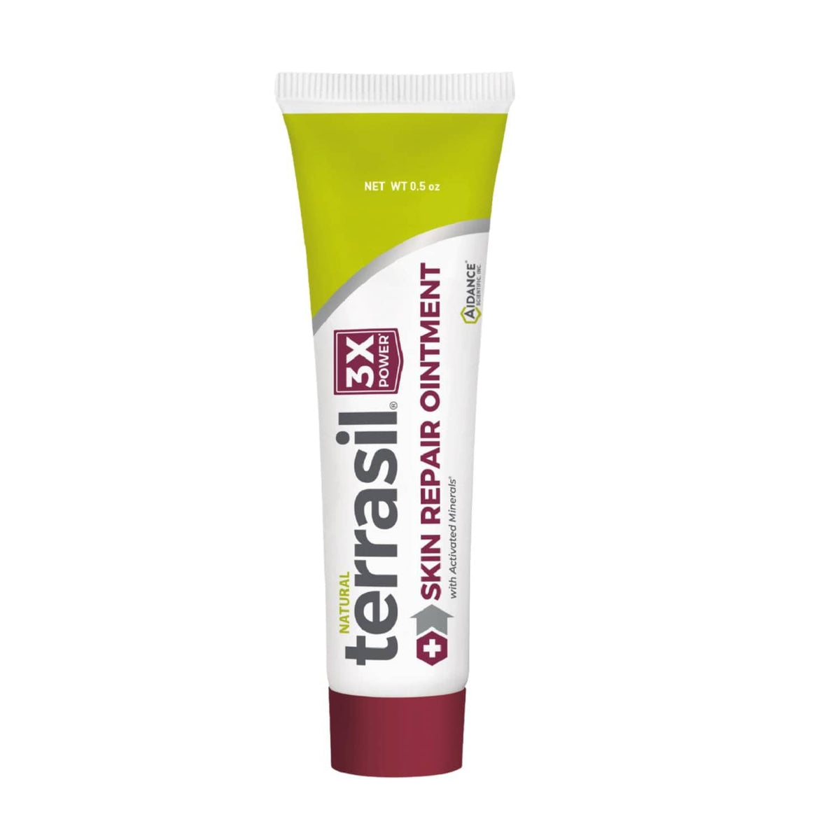 Skin repair ointment tube with 3X logo, green top and maroon base label
