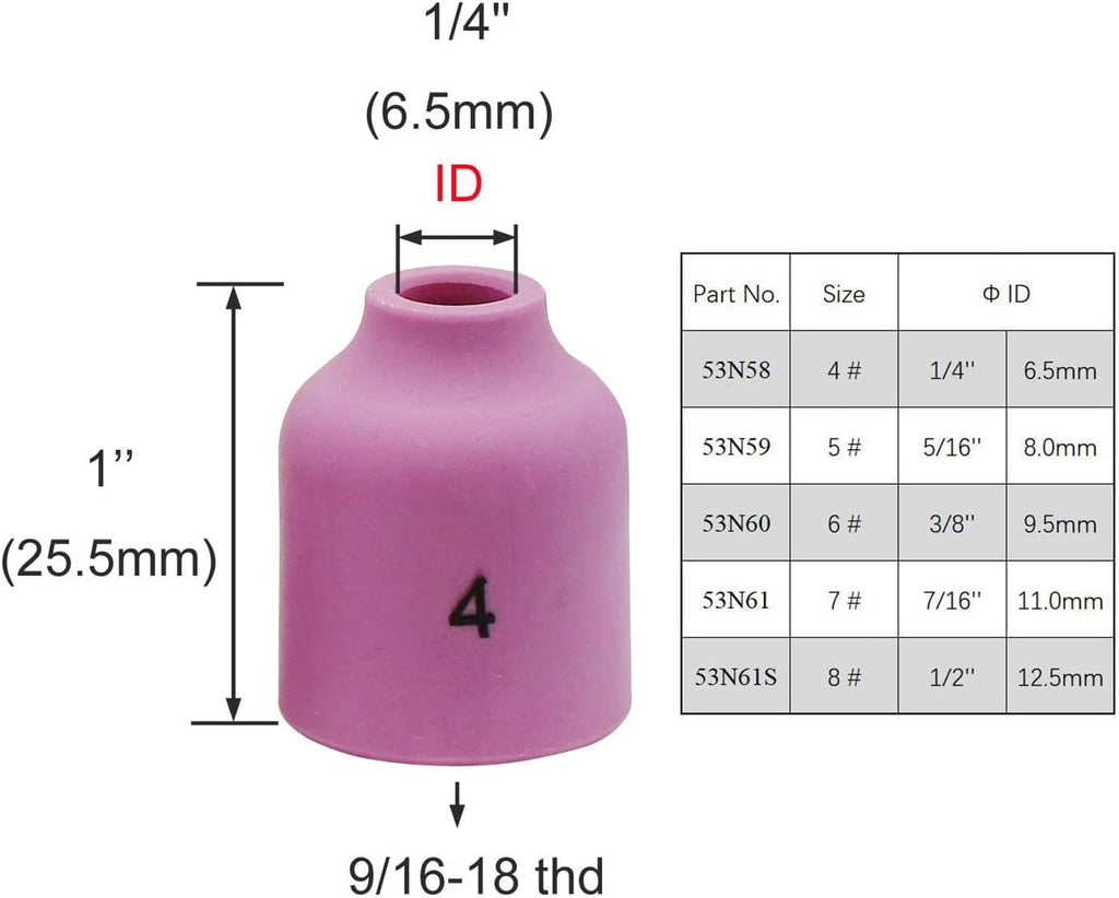 Ceramic gas lens nozzle cup, purple, marked 4; 1/4 in ID (6.5 mm)