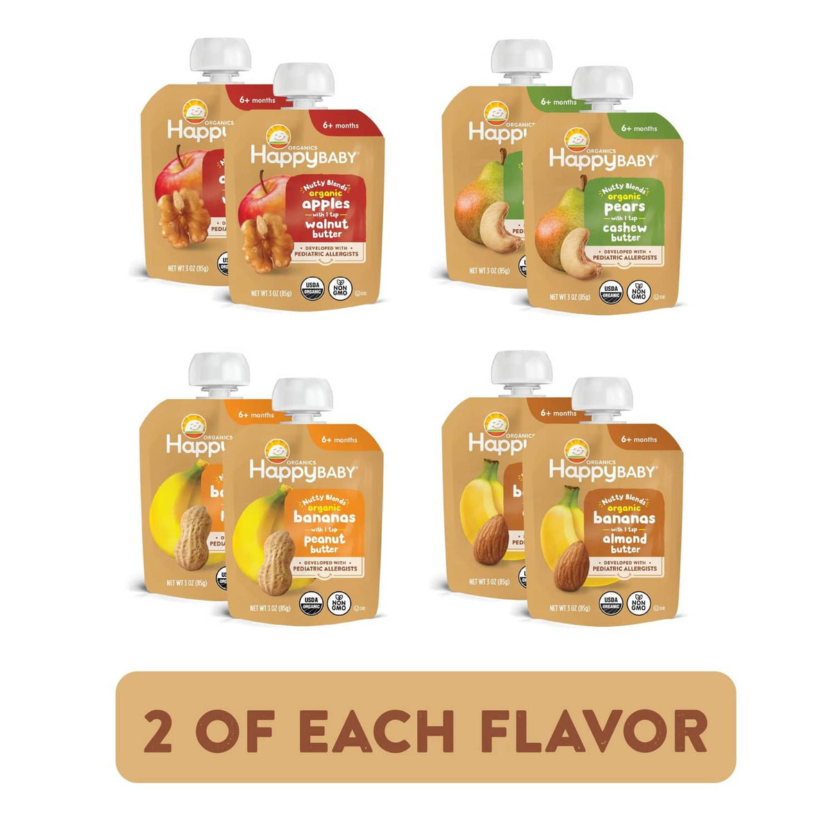 Variety pack of HappyBABY nutty blends Stage 2 pouches, assorted fruit and nut flavors