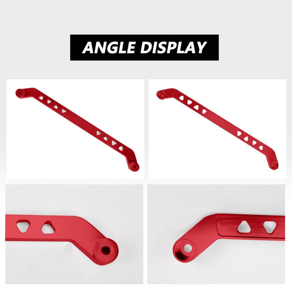 Red suspension control arm links with triangular perforations and ball-joint ends