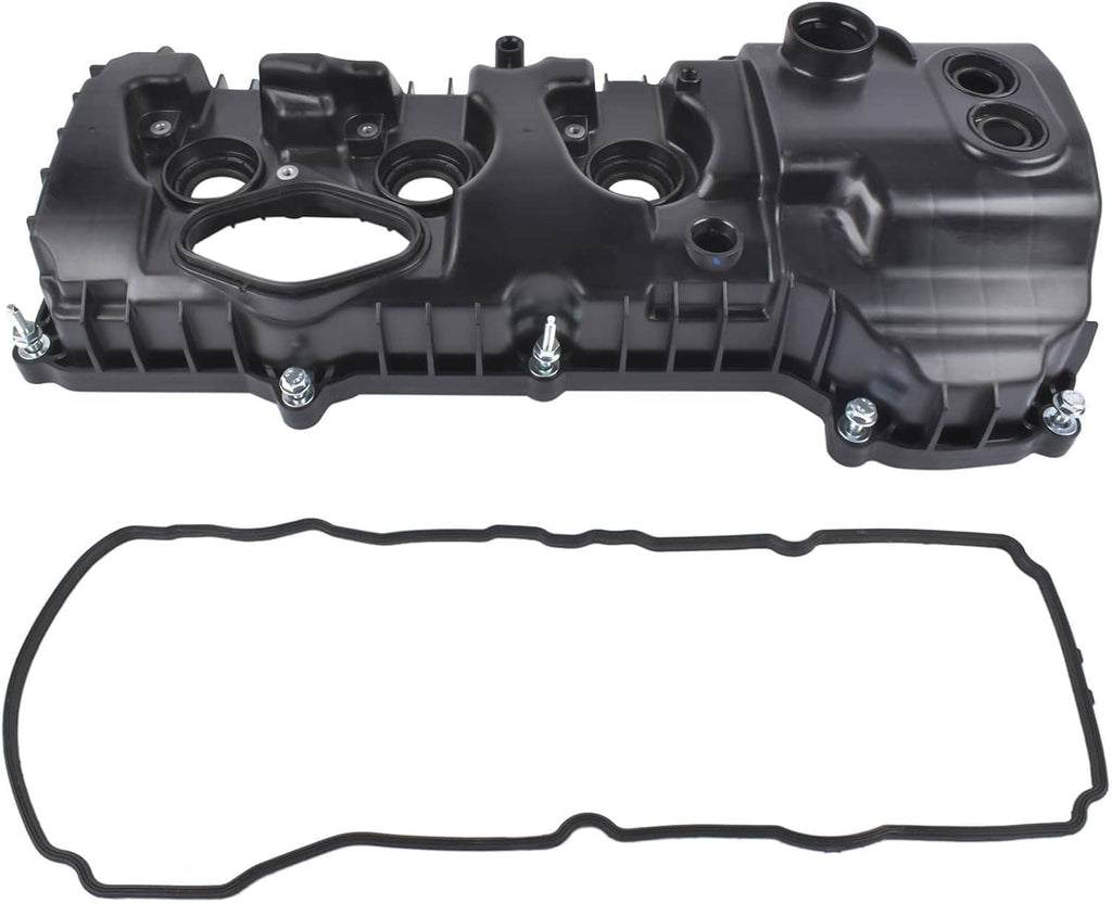Black engine valve cover with gasket and circular port openings