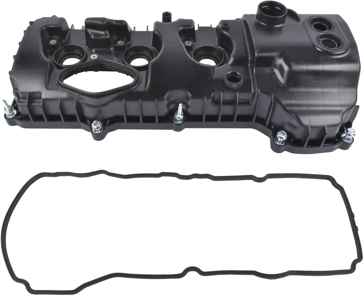 Black engine valve cover with gasket and circular port openings