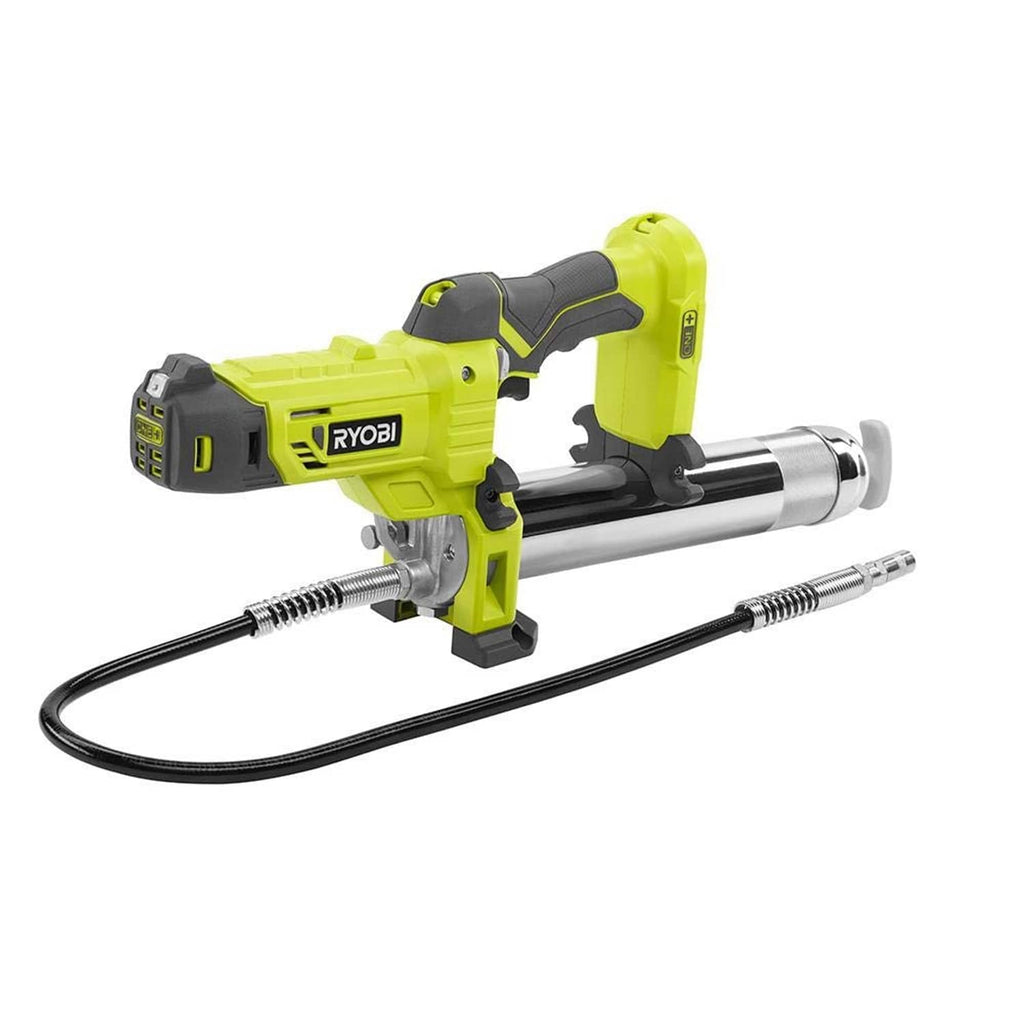 Green cordless grease gun with black hose and chrome dispensing barrel