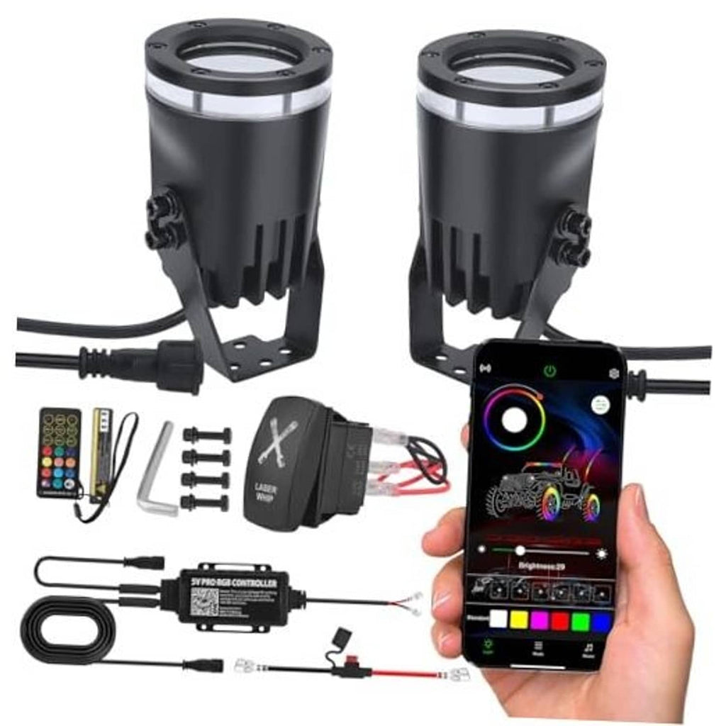 Black laser whip light fixtures with mounting bracket, controller, remote, and cables