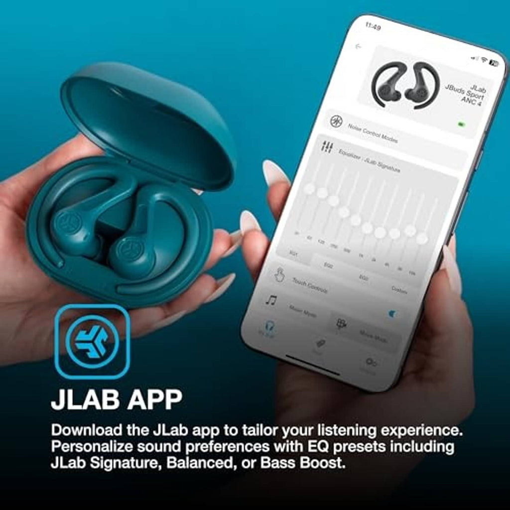 Teal earbuds and open charging case in hand beside smartphone app screen