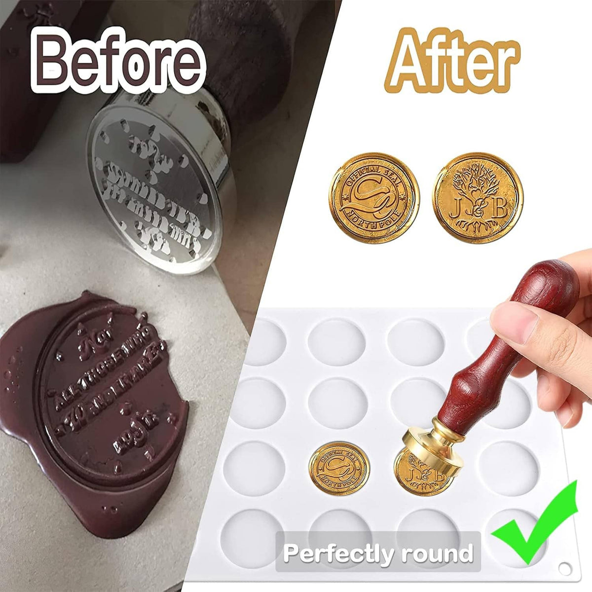 Silicone wax seal mat with round cavities; hand presses wax stamp producing gold seal print