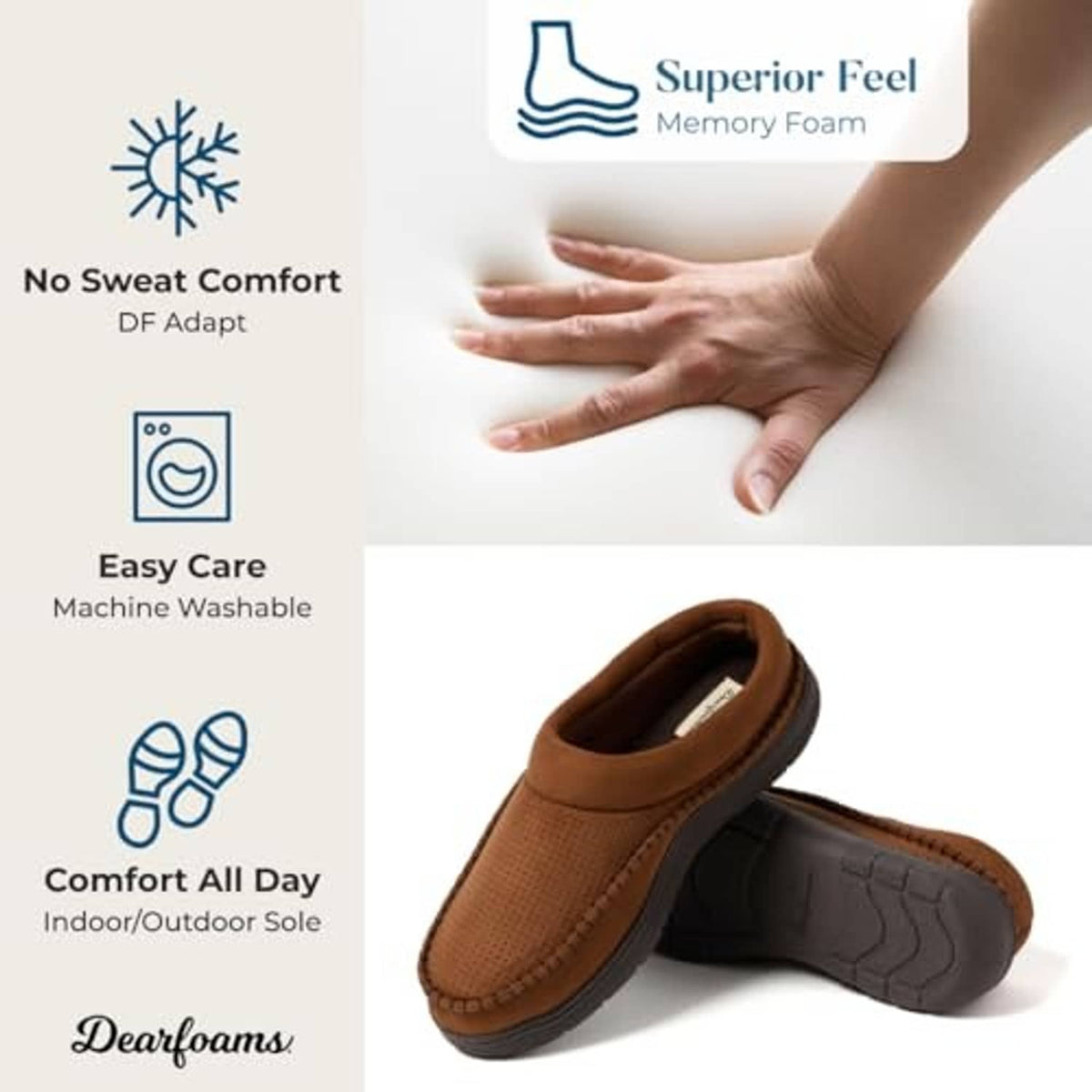 Chestnut slip-on clog slippers showing cushioned insole and textured outsole