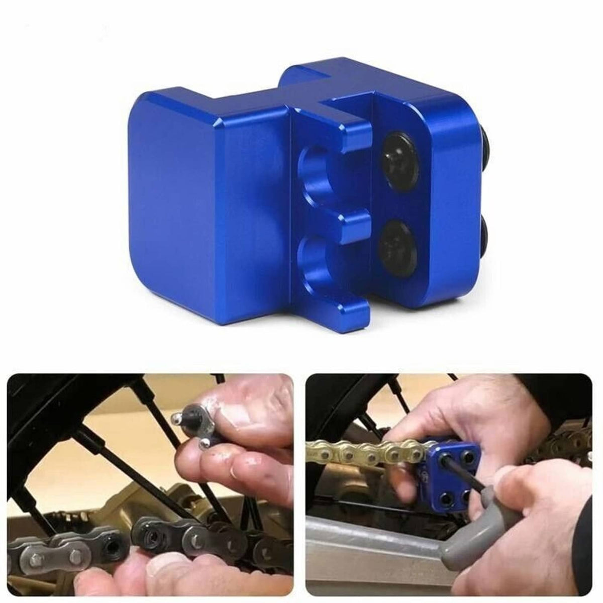 Blue master link chain press tool with four black dies attached to motorcycle area