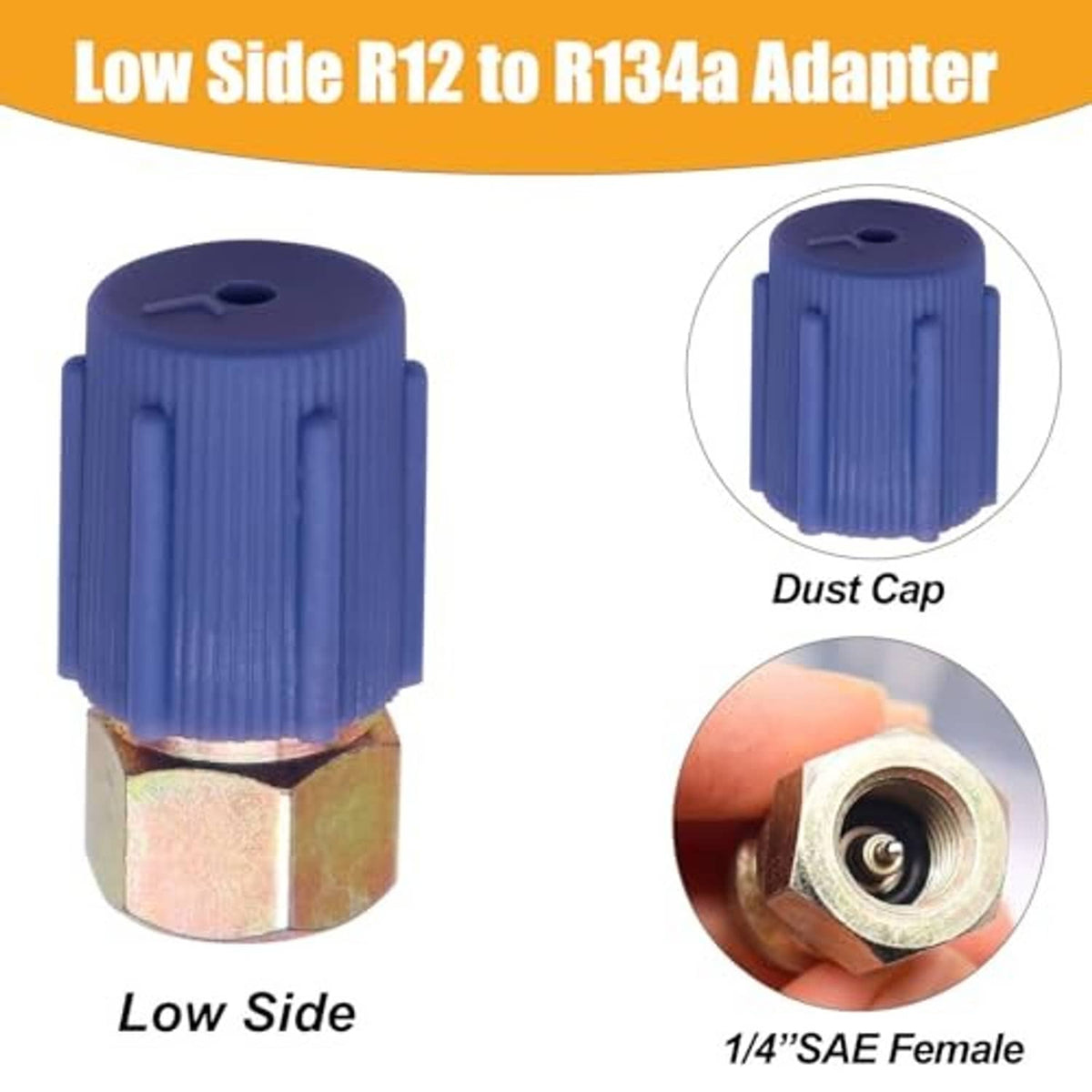 Low-side adapter with blue dust cap and hex fitting, 1/4" SAE female