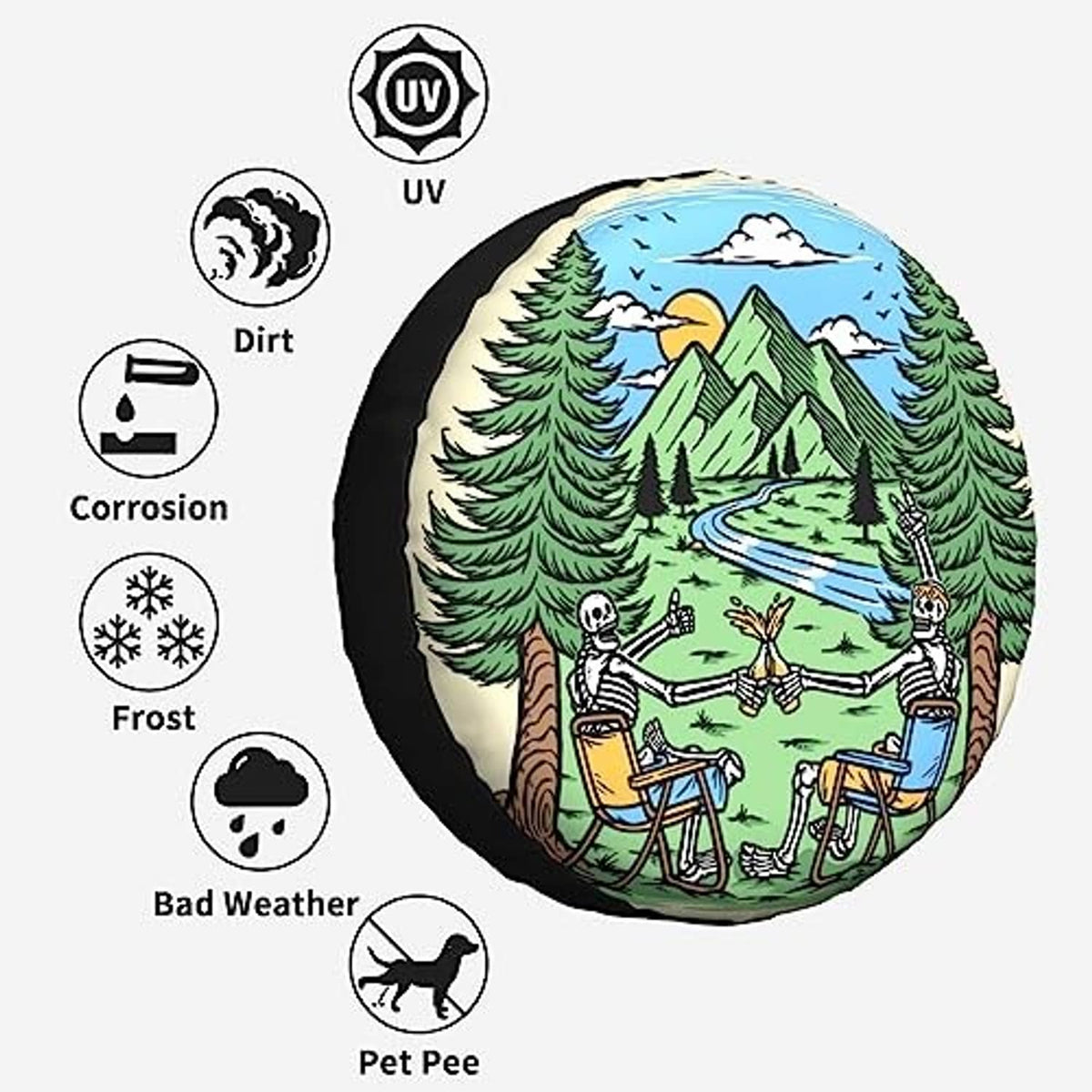 Spare tire cover with camping graphic and protection icons for UV and bad weather