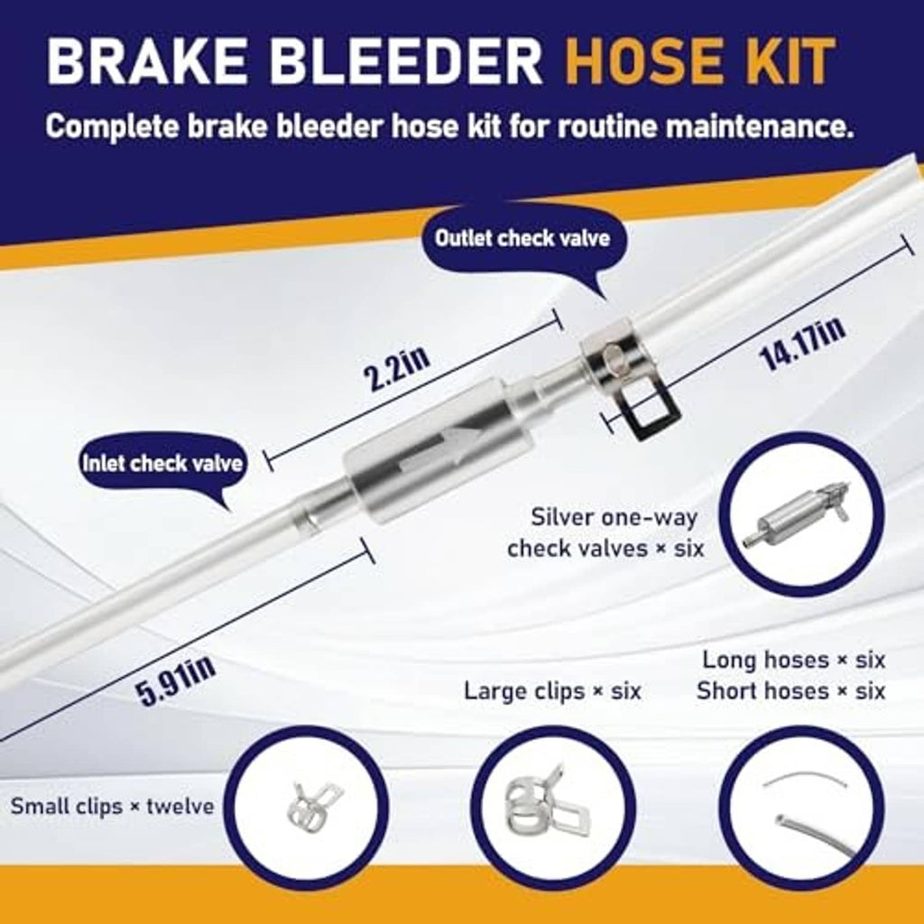 Brake bleeder hose kit components: aluminum one-way check valves with multiple clips and hoses