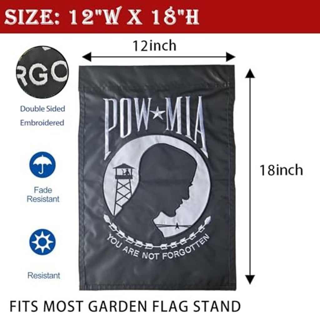 Double-sided embroidered garden flag 12x18 in, dark gray POW*MIA embroidered emblem
