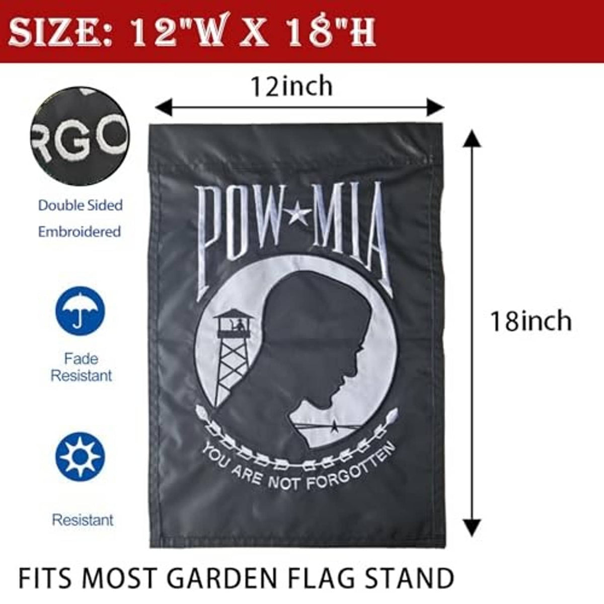 Double-sided embroidered garden flag 12x18 in, dark gray POW*MIA embroidered emblem