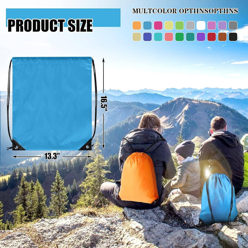 Blue drawstring backpack sack with black drawcords and reinforced bottom for cinching open.